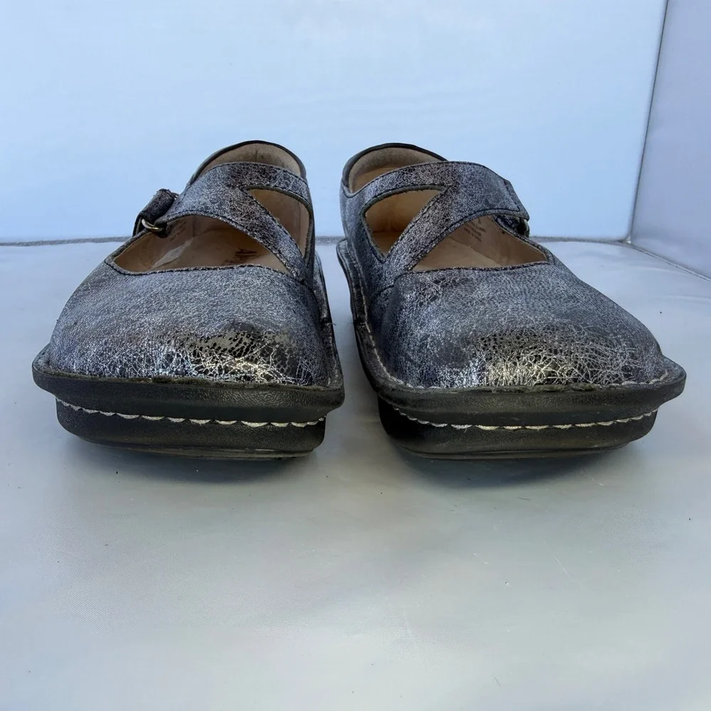 Alegria Dayna Silver Metallic Cracked Leather Mary Jane Shoes DAY-735 Size 38